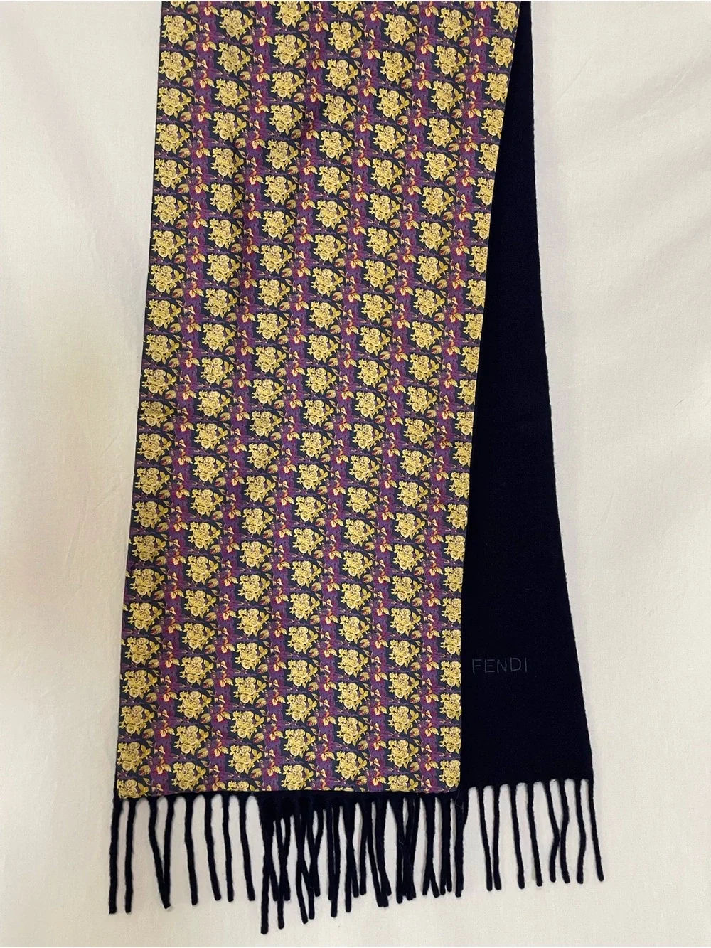 Vintage FENDI Cravatte Silk & Wool Double-Sided Fringe Scarf Floral Navy Italy